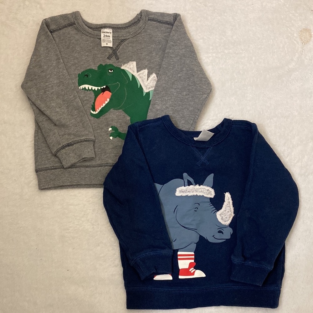 Bundle of two Carter’s kids ,rhinoceros & dinosaur sweatshirts.